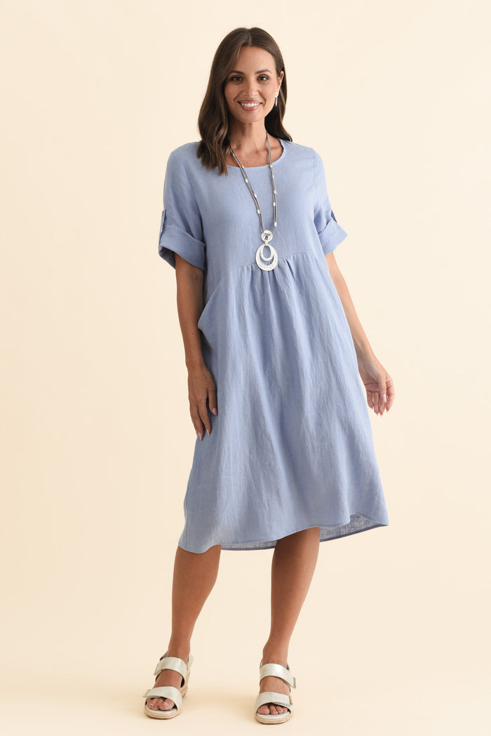 Nolita Blue Linen Pocket Dress,Brunette model,alt text|model:MJ