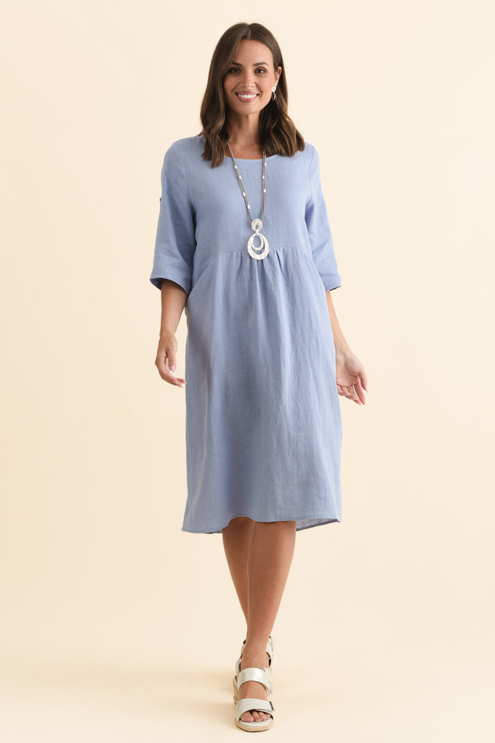 Nolita Blue Linen Pocket Dress,Brunette model,alt text|model:MJ