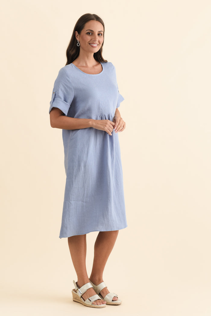 Nolita Blue Linen Pocket Dress,Brunette model,alt text|model:MJ
