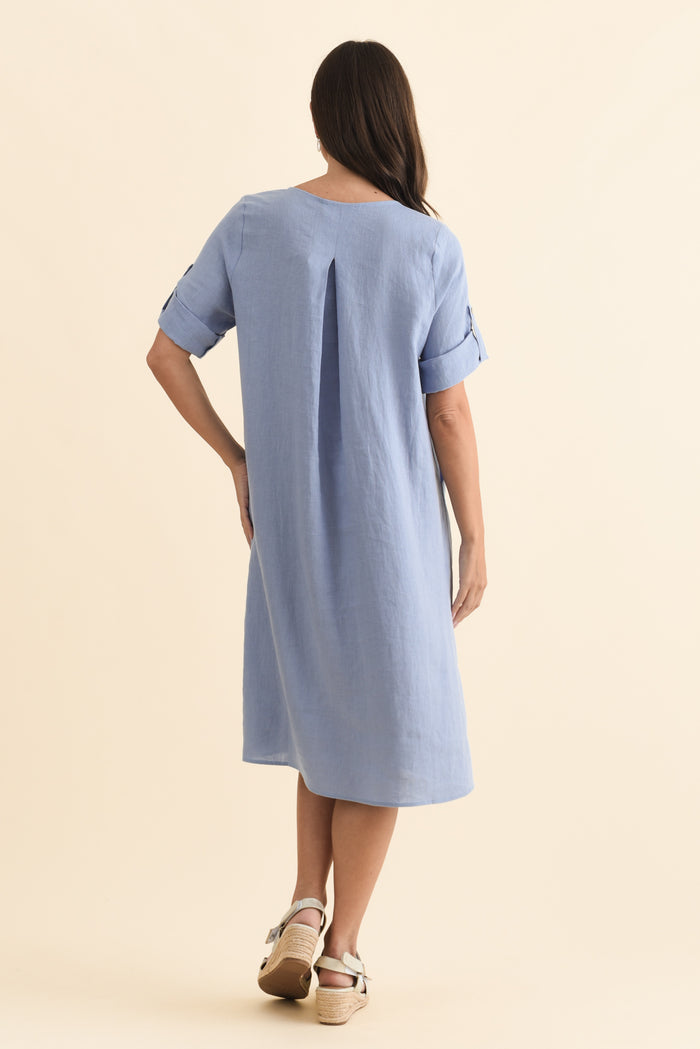 Nolita Blue Linen Pocket Dress,Brunette model,alt text|model:MJ