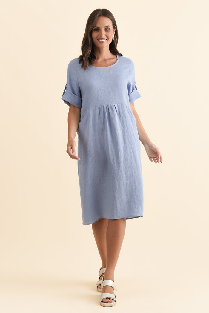 Nolita Blue Linen Pocket Dress,Brunette model,alt text|model:MJ