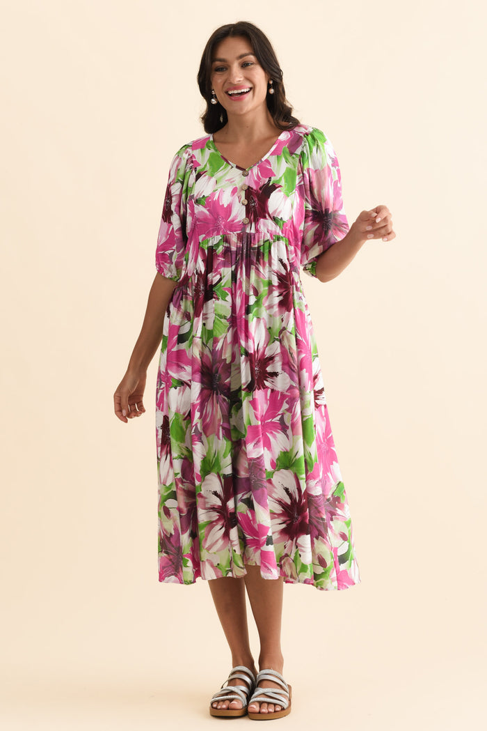 Nolte Purple Flower Pocket Dress,Brunette model,alt text|model:Brontie