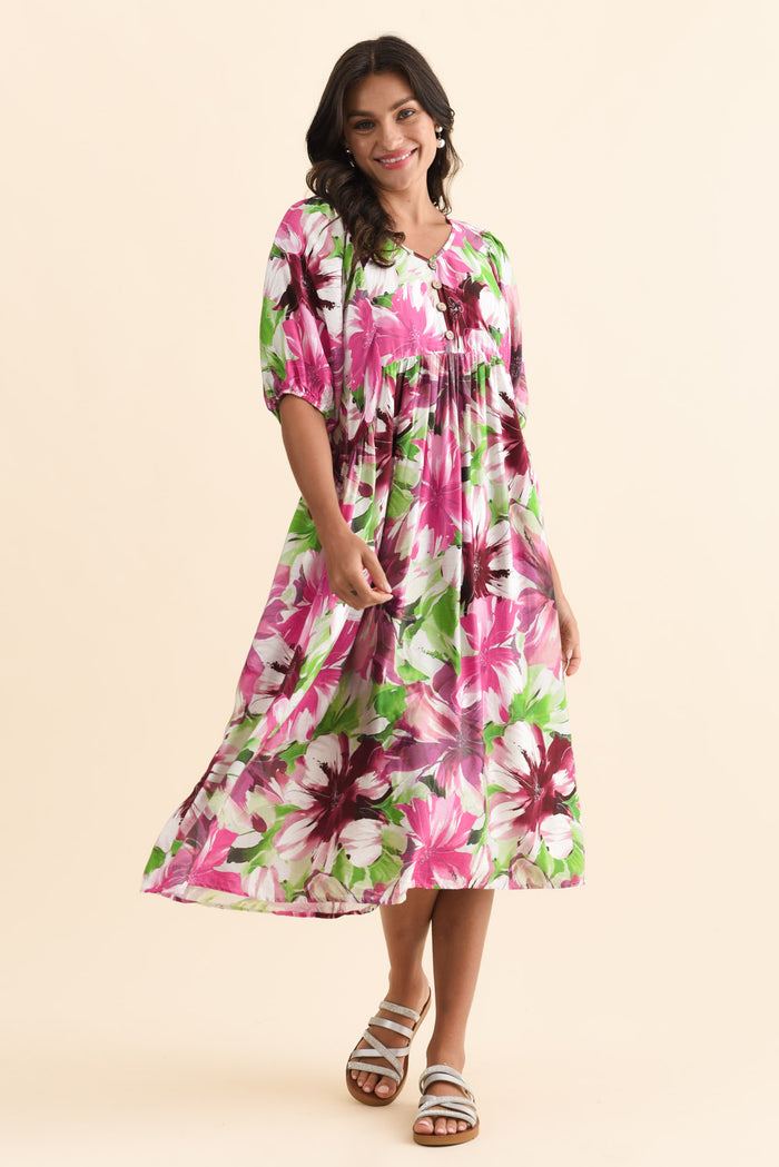 Nolte Purple Flower Pocket Dress,Brunette model,alt text|model:Brontie
