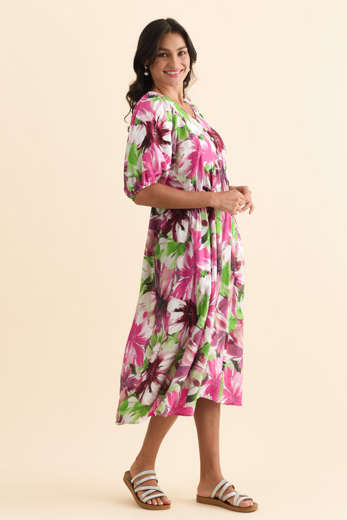 Nolte Purple Flower Pocket Dress,Brunette model,alt text|model:Brontie