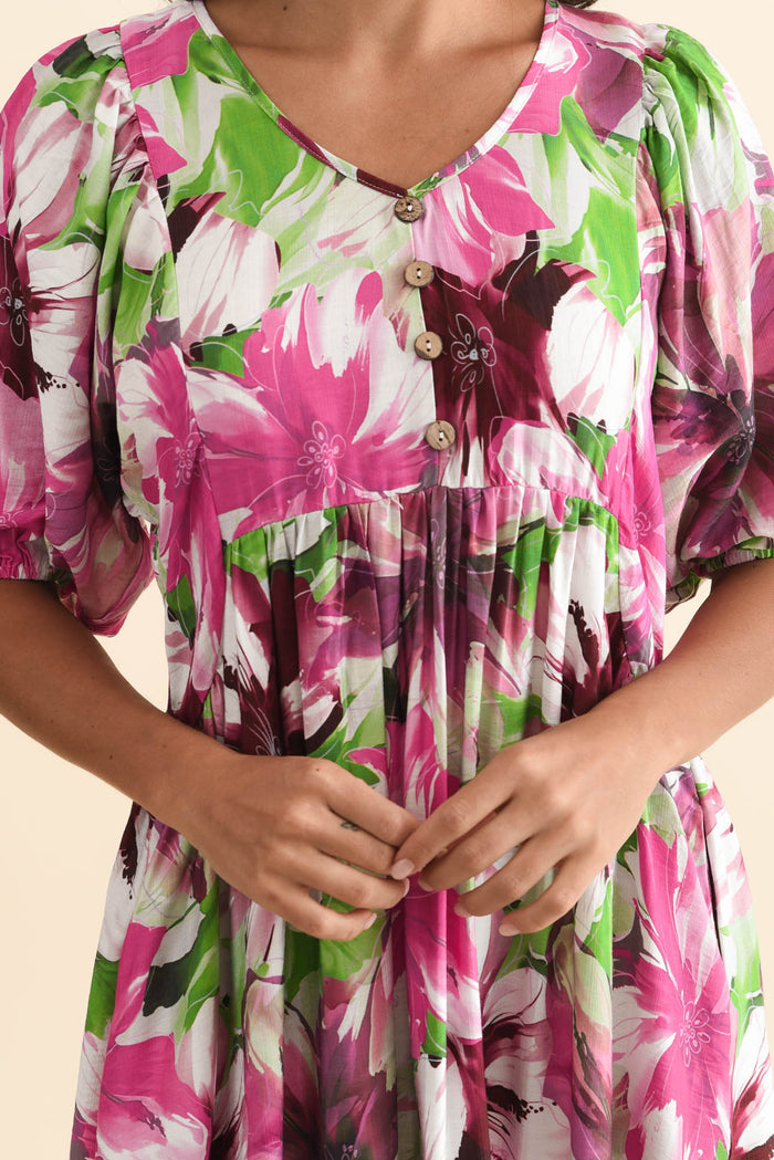 Nolte Purple Flower Pocket Dress,Brunette model,alt text|model:Brontie