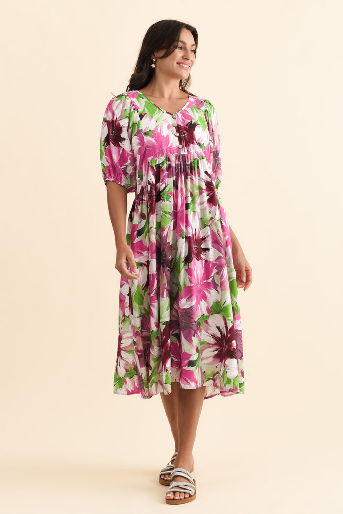 Nolte Purple Flower Pocket Dress,Brunette model,alt text|model:Brontie