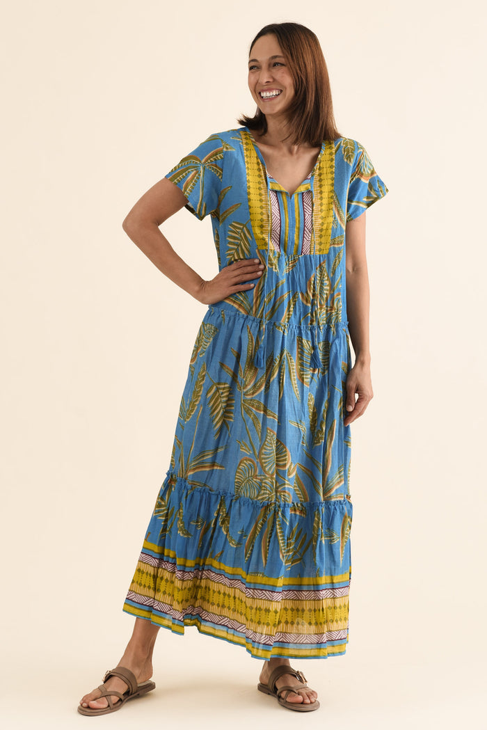 Nona Blue Island Crinkle Cotton Maxi Dress,Front,Brunette model,alt text|model:Cara