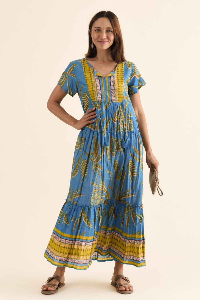 Nona Blue Island Crinkle Cotton Maxi Dress,Full Body,Brunette model,alt text|model:Cara