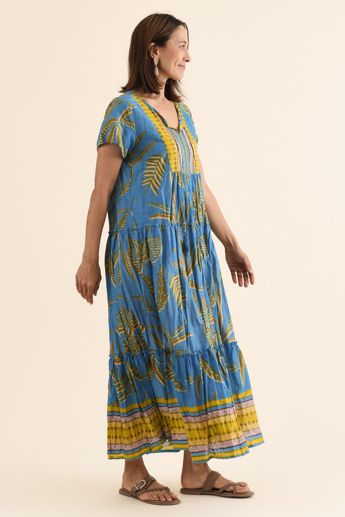 Nona Blue Island Crinkle Cotton Maxi Dress,Side,Brunette model,alt text|model:Cara