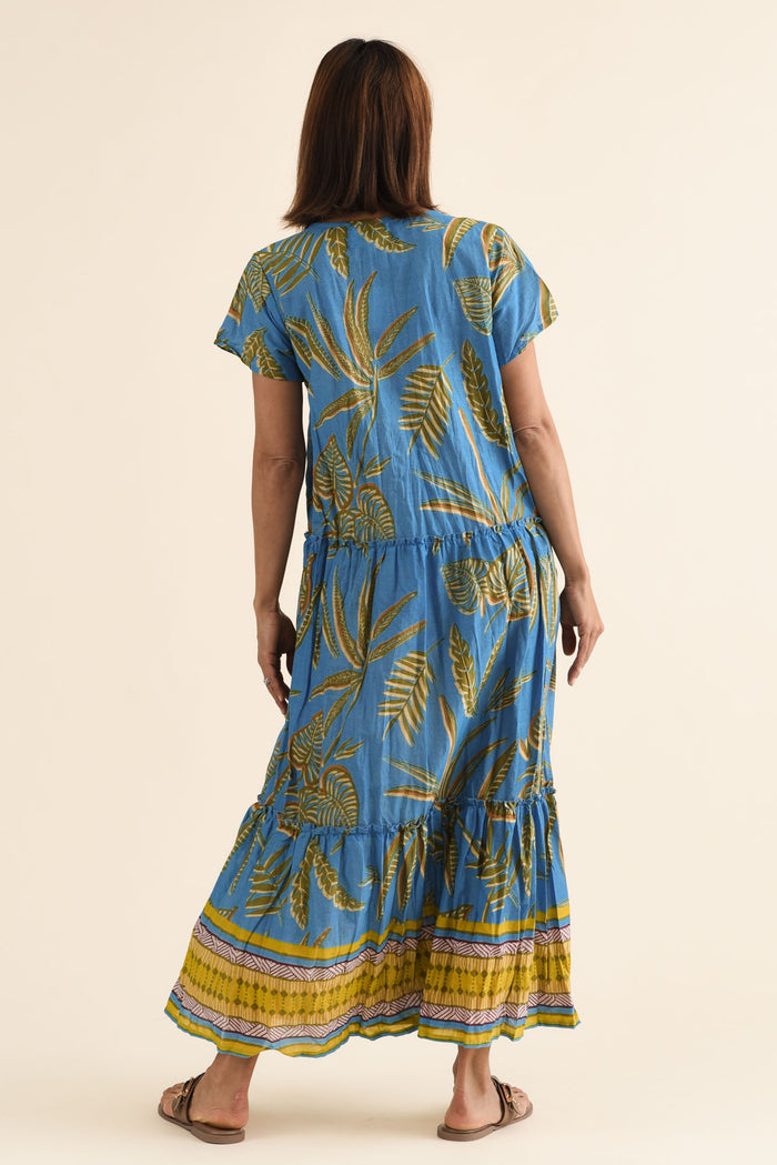 Nona Blue Island Crinkle Cotton Maxi Dress,Back,Brunette model,alt text|model:Cara