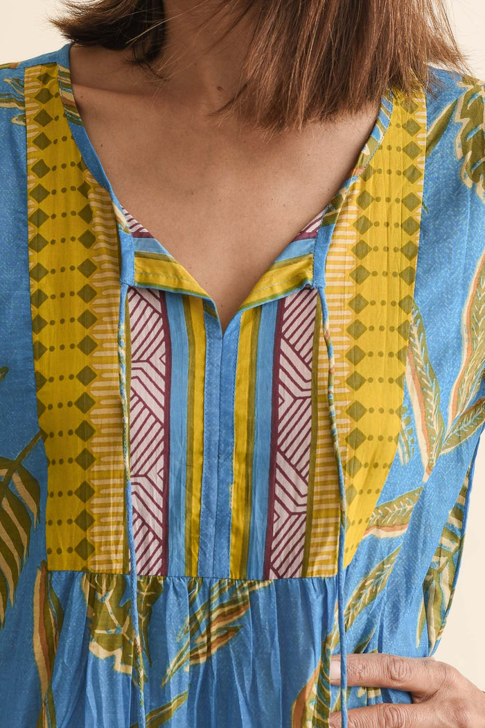 Nona Blue Island Crinkle Cotton Maxi Dress,Detail,Brunette model,alt text|model:Cara