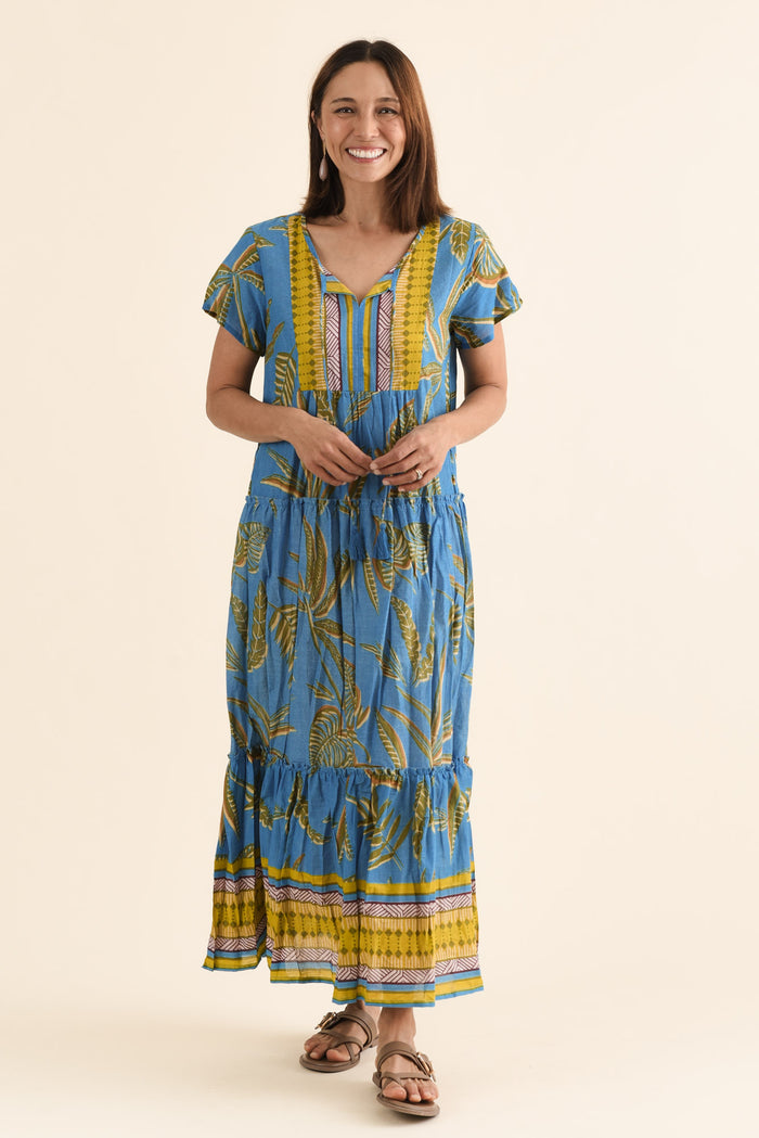 Nona Blue Island Crinkle Cotton Maxi Dress,Full Body,Brunette model,alt text|model:Cara