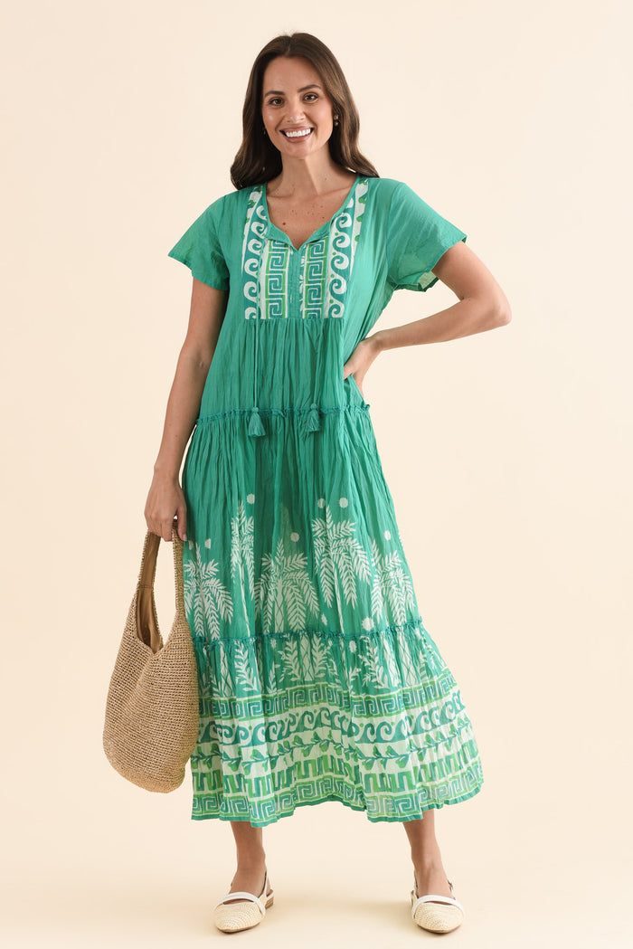 Nona Green Beach Crinkle Cotton Maxi Dress,Front,Brunette model,alt text|model:MJ