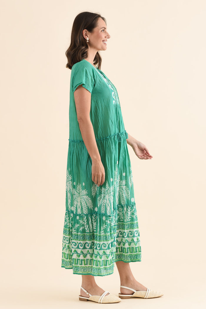 Nona Green Beach Crinkle Cotton Maxi Dress,Side,Brunette model,alt text|model:MJ