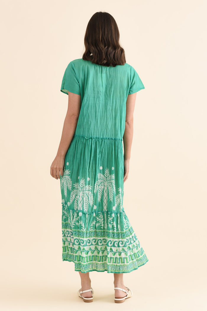 Nona Green Beach Crinkle Cotton Maxi Dress,Back,Brunette model,alt text|model:MJ