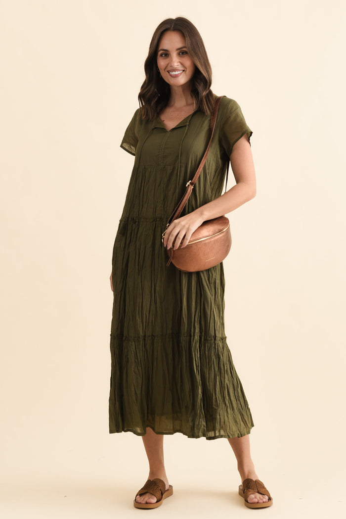 Nona Khaki Crinkle Cotton Maxi Dress,Brunette model,alt text|model:MJ