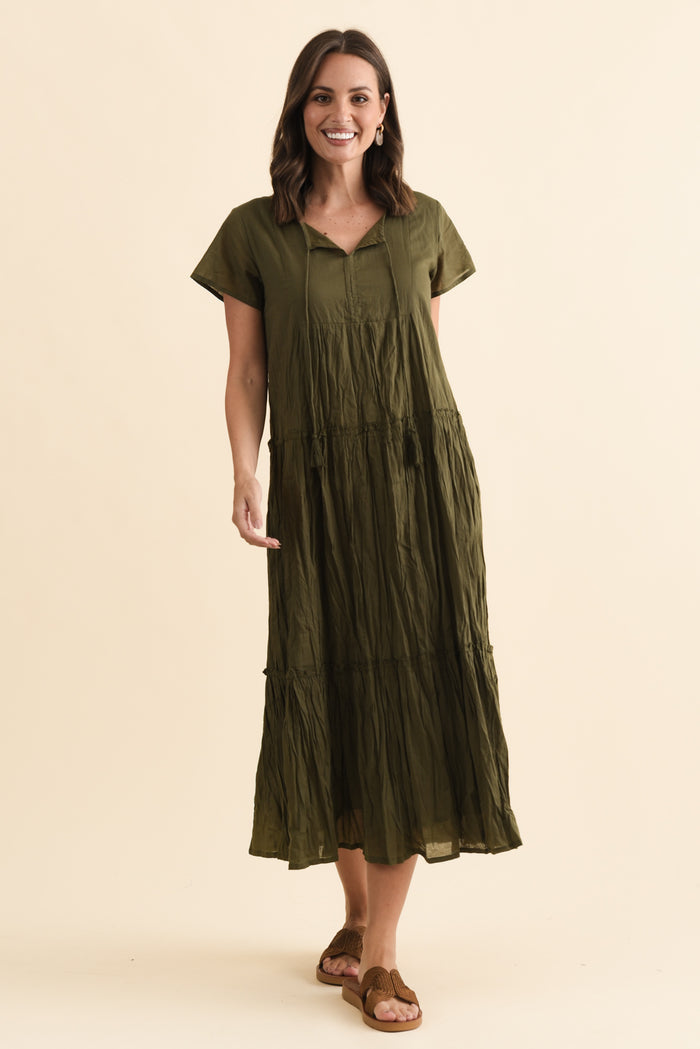 Nona Khaki Crinkle Cotton Maxi Dress,Brunette model,alt text|model:MJ