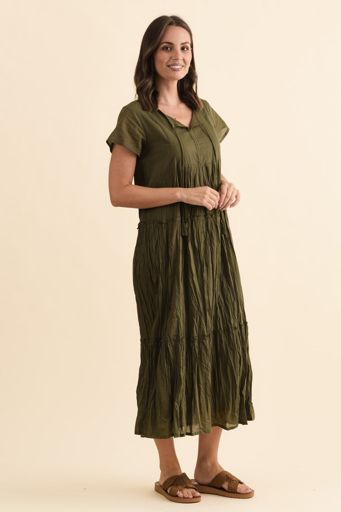 Nona Khaki Crinkle Cotton Maxi Dress,Brunette model,alt text|model:MJ