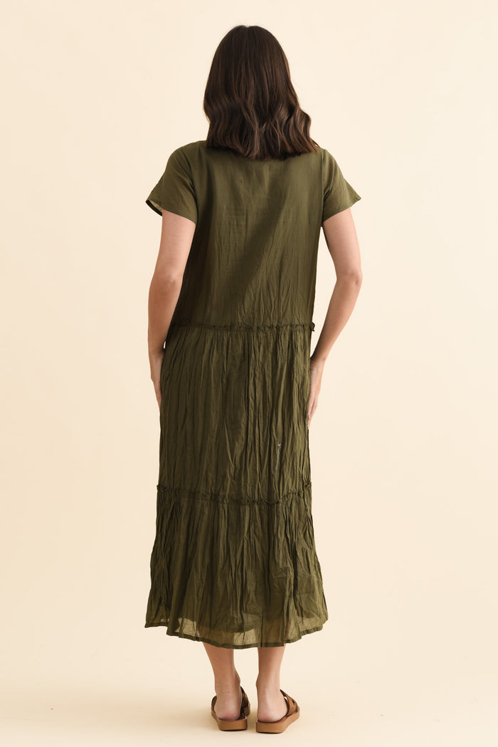 Nona Khaki Crinkle Cotton Maxi Dress,Brunette model,alt text|model:MJ