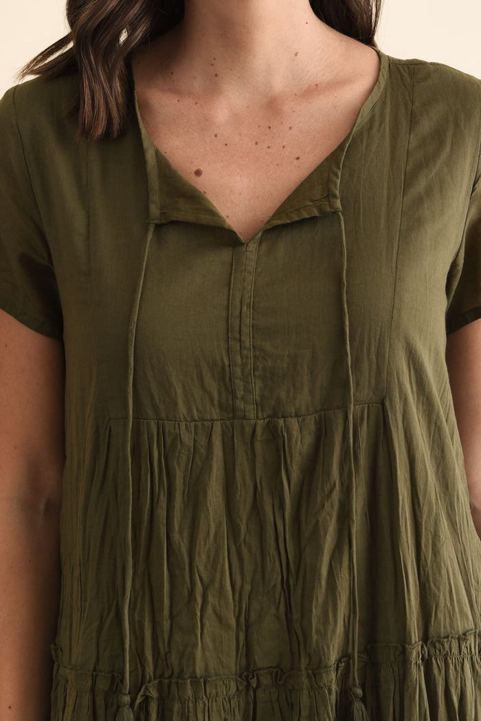 Nona Khaki Crinkle Cotton Maxi Dress,Brunette model,alt text|model:MJ