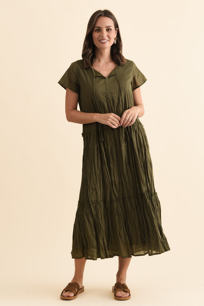 Nona Khaki Crinkle Cotton Maxi Dress,Brunette model,alt text|model:MJ