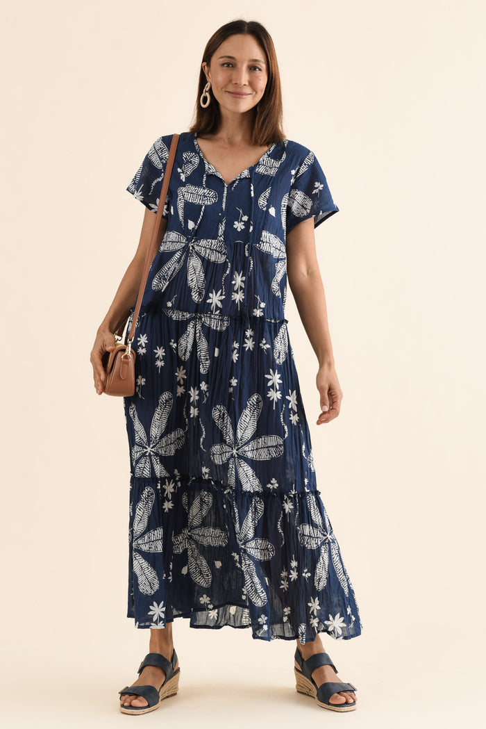 Nona Navy Flower Crinkle Cotton Maxi Dress,Front,Brunette model,alt text|model:Cara