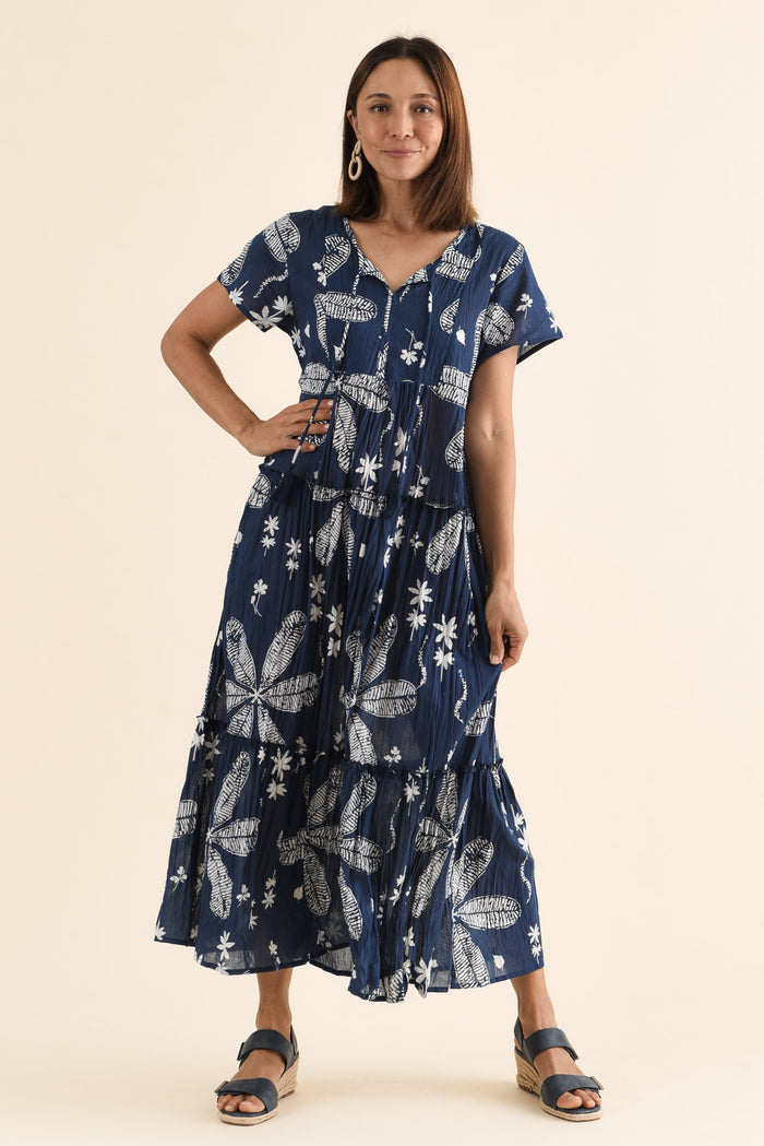 Nona Navy Flower Crinkle Cotton Maxi Dress,Full Body,Brunette model,alt text|model:Cara