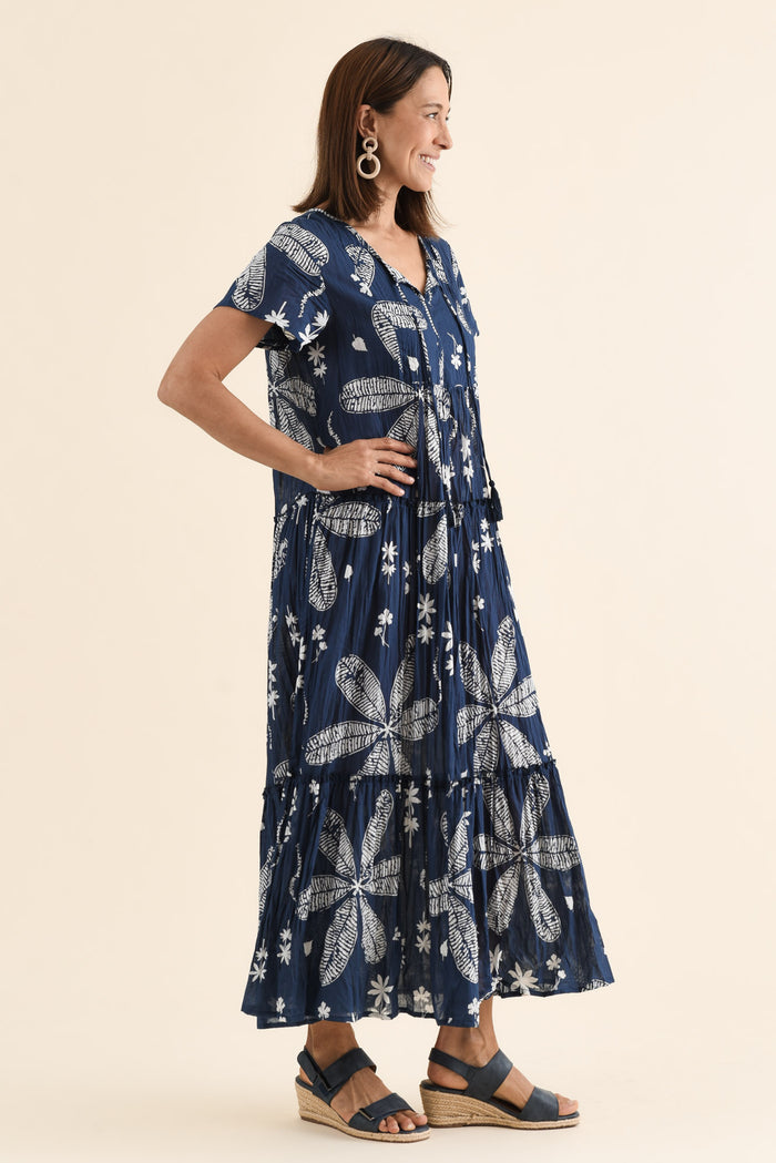 Nona Navy Flower Crinkle Cotton Maxi Dress,Side,Brunette model,alt text|model:Cara