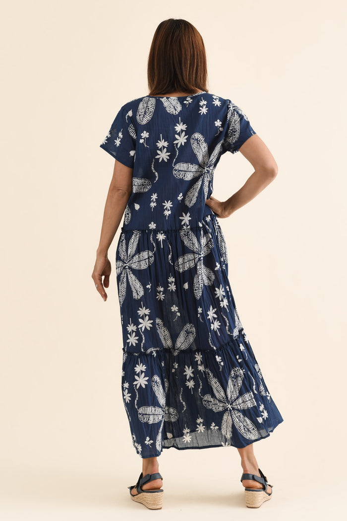 Nona Navy Flower Crinkle Cotton Maxi Dress,Back,Brunette model,alt text|model:Cara