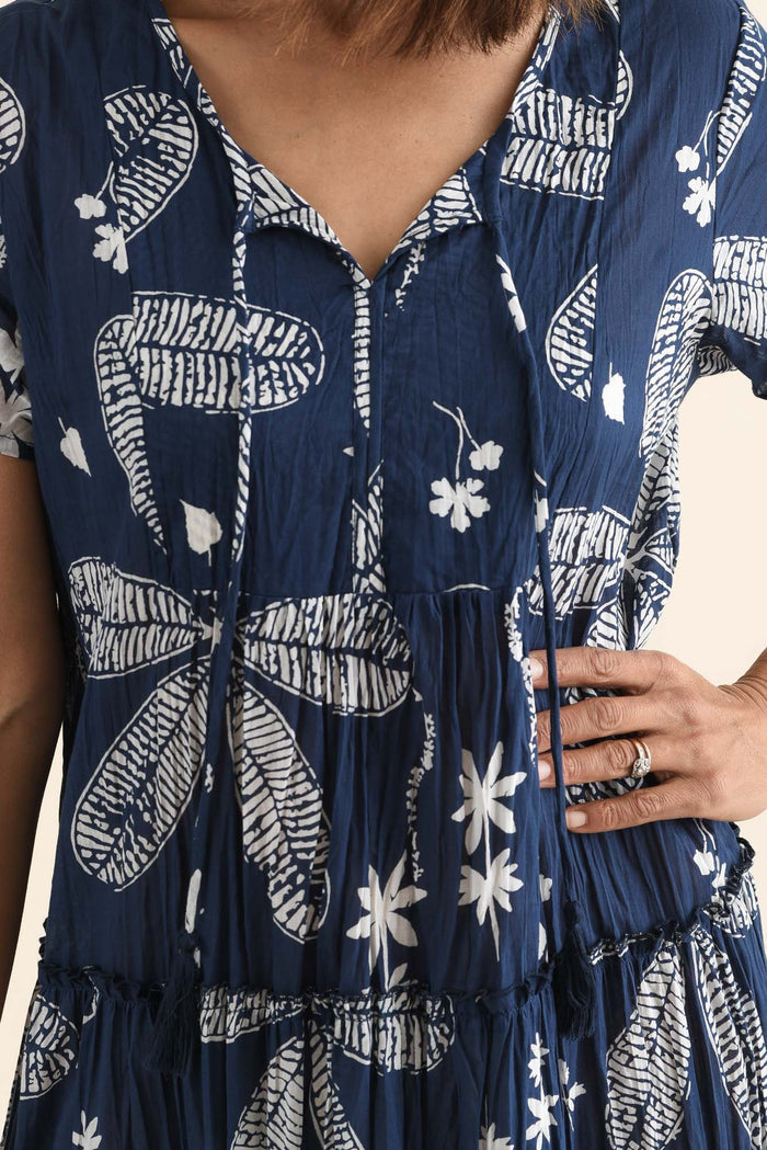Nona Navy Flower Crinkle Cotton Maxi Dress,Detail,Brunette model,alt text|model:Cara