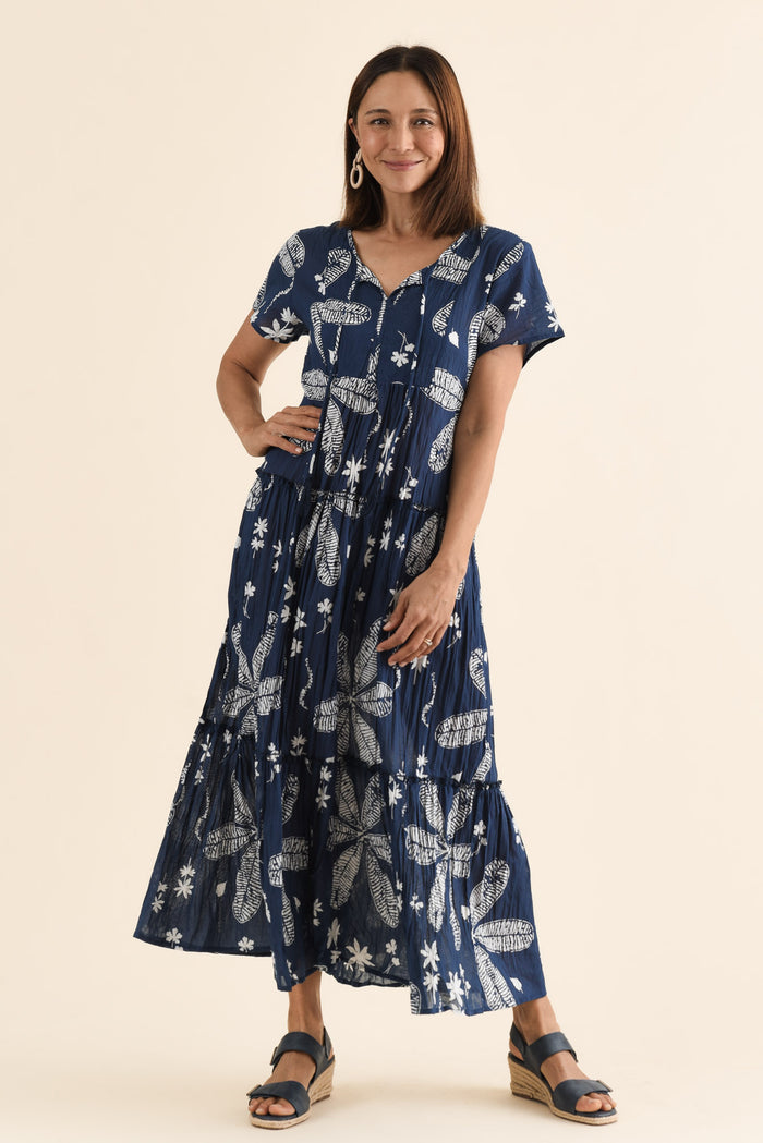 Nona Navy Flower Crinkle Cotton Maxi Dress,Full Body,Brunette model,alt text|model:Cara