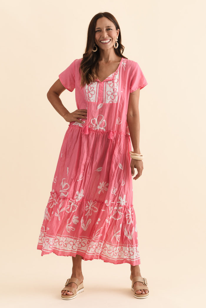 Nona Pink Flower Crinkle Cotton Maxi Dress,Brunette model,alt text|model:Cara