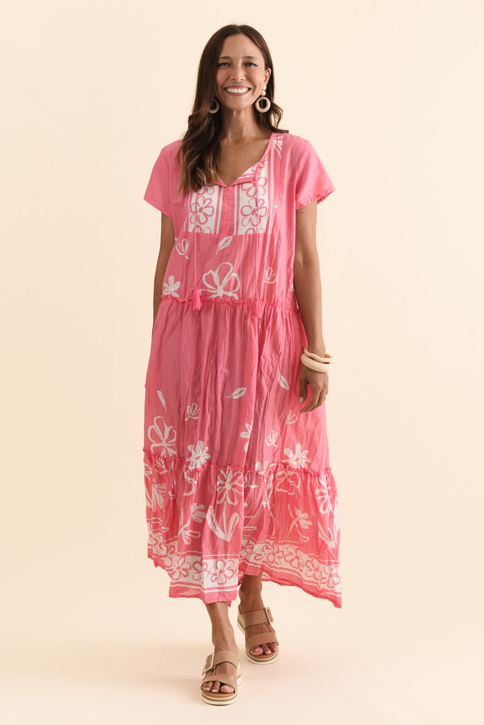 Nona Pink Flower Crinkle Cotton Maxi Dress,Brunette model,alt text|model:Cara