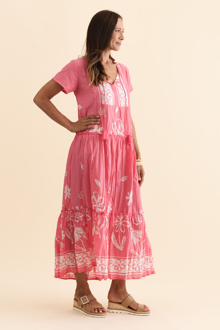 Nona Pink Flower Crinkle Cotton Maxi Dress,Brunette model,alt text|model:Cara