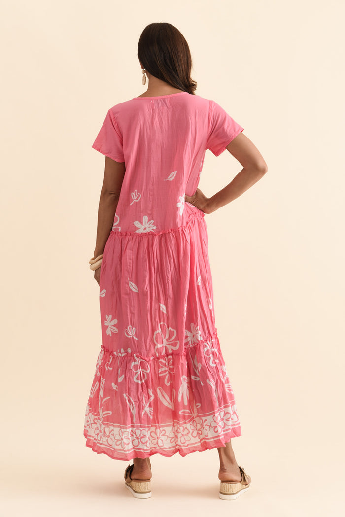 Nona Pink Flower Crinkle Cotton Maxi Dress,Brunette model,alt text|model:Cara