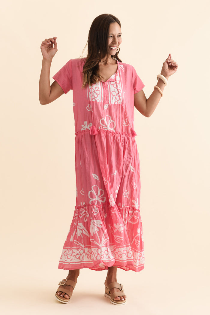Nona Pink Flower Crinkle Cotton Maxi Dress,Brunette model,alt text|model:Cara