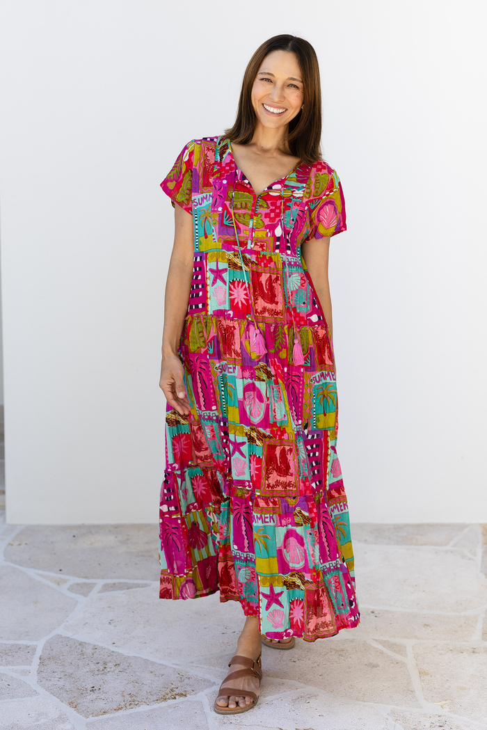 Nona Pink Tile Crinkle Cotton Maxi Dress,Front,Brunette model,Lifestyle