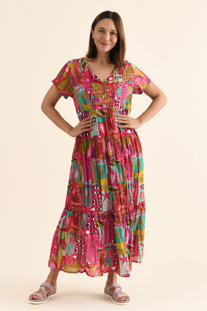 Nona Pink Tile Crinkle Cotton Maxi Dress,Front,Brunette model,alt text|model:Cara