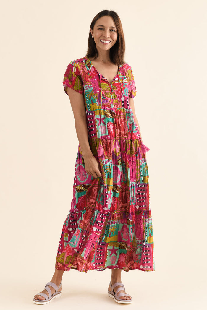 Nona Pink Tile Crinkle Cotton Maxi Dress,Full Body,Brunette model,alt text|model:Cara