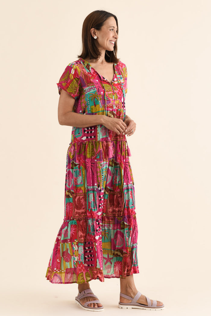Nona Pink Tile Crinkle Cotton Maxi Dress,Side,Brunette model,alt text|model:Cara