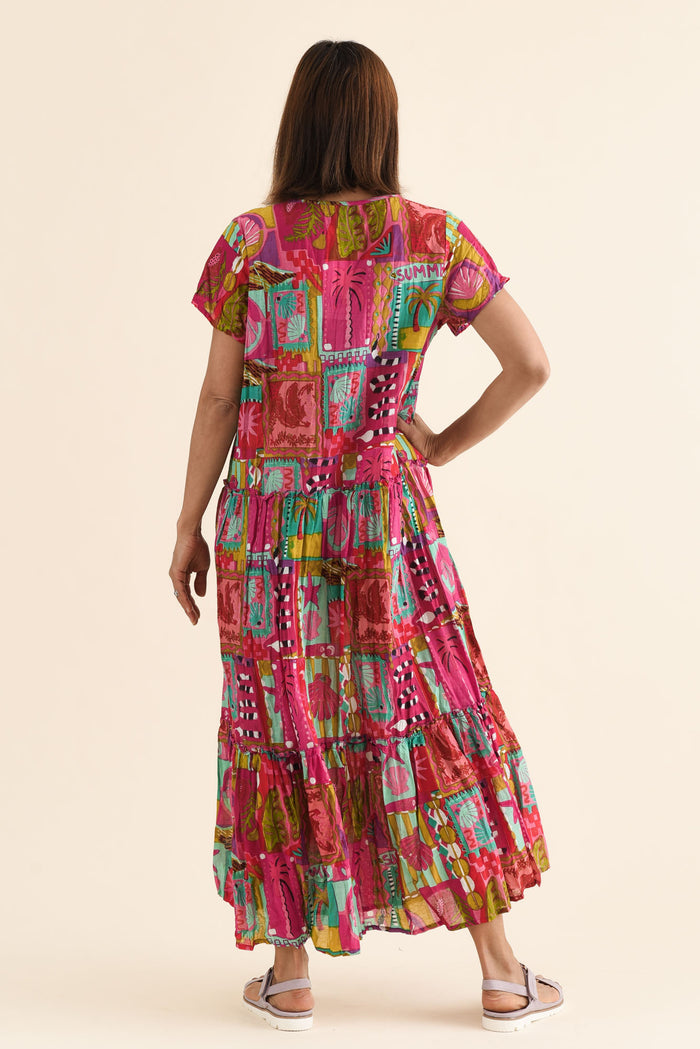 Nona Pink Tile Crinkle Cotton Maxi Dress,Back,Brunette model,alt text|model:Cara