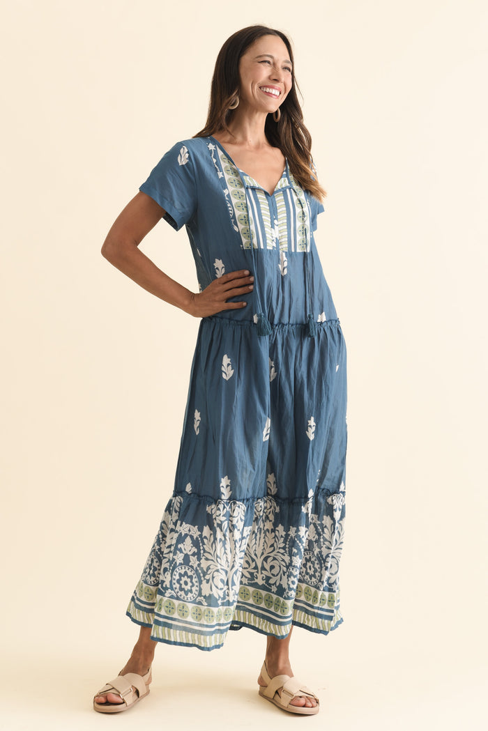 Nona Steel Abstract Crinkle Cotton Maxi Dress,Brunette model,alt text|model:Cara