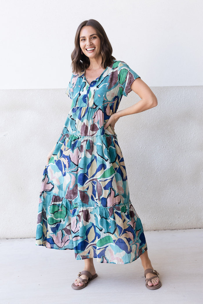 Nona Teal Foliage Crinkle Cotton Maxi Dress,Lifestyle