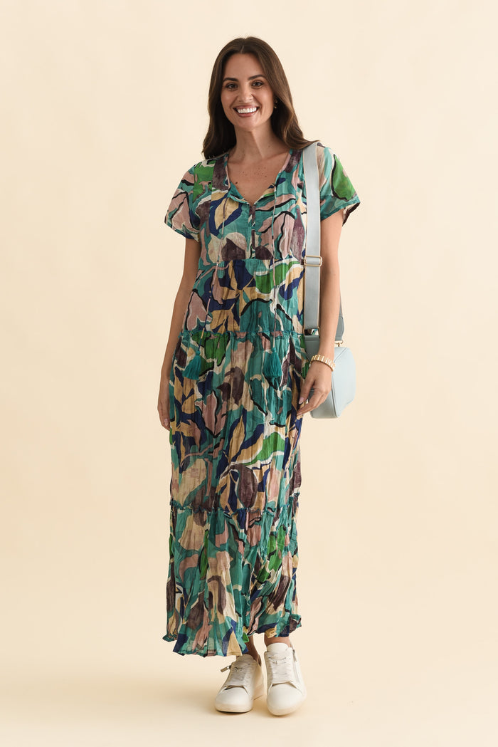 Nona Teal Foliage Crinkle Cotton Maxi Dress,Brunette model,alt text|model:MJ