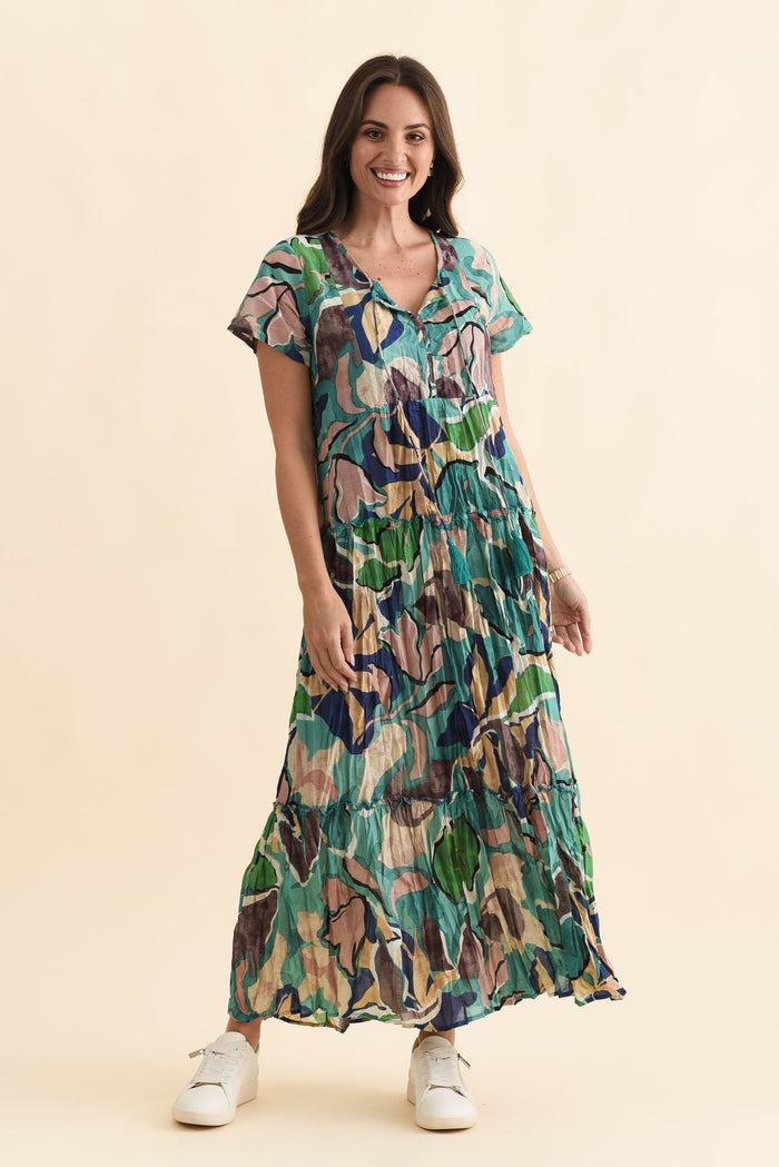 Nona Teal Foliage Crinkle Cotton Maxi Dress,Brunette model,alt text|model:MJ