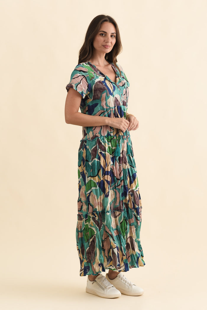 Nona Teal Foliage Crinkle Cotton Maxi Dress,Brunette model,alt text|model:MJ