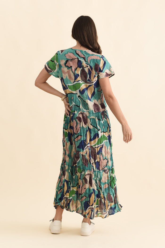 Nona Teal Foliage Crinkle Cotton Maxi Dress,Brunette model,alt text|model:MJ