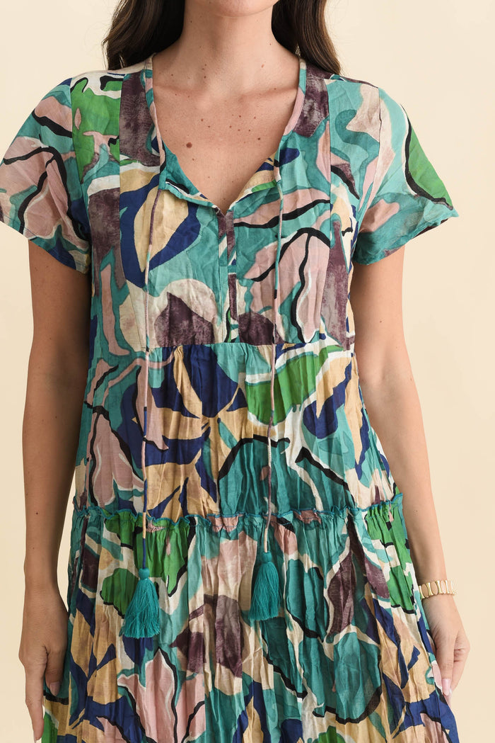 Nona Teal Foliage Crinkle Cotton Maxi Dress,Brunette model,alt text|model:MJ