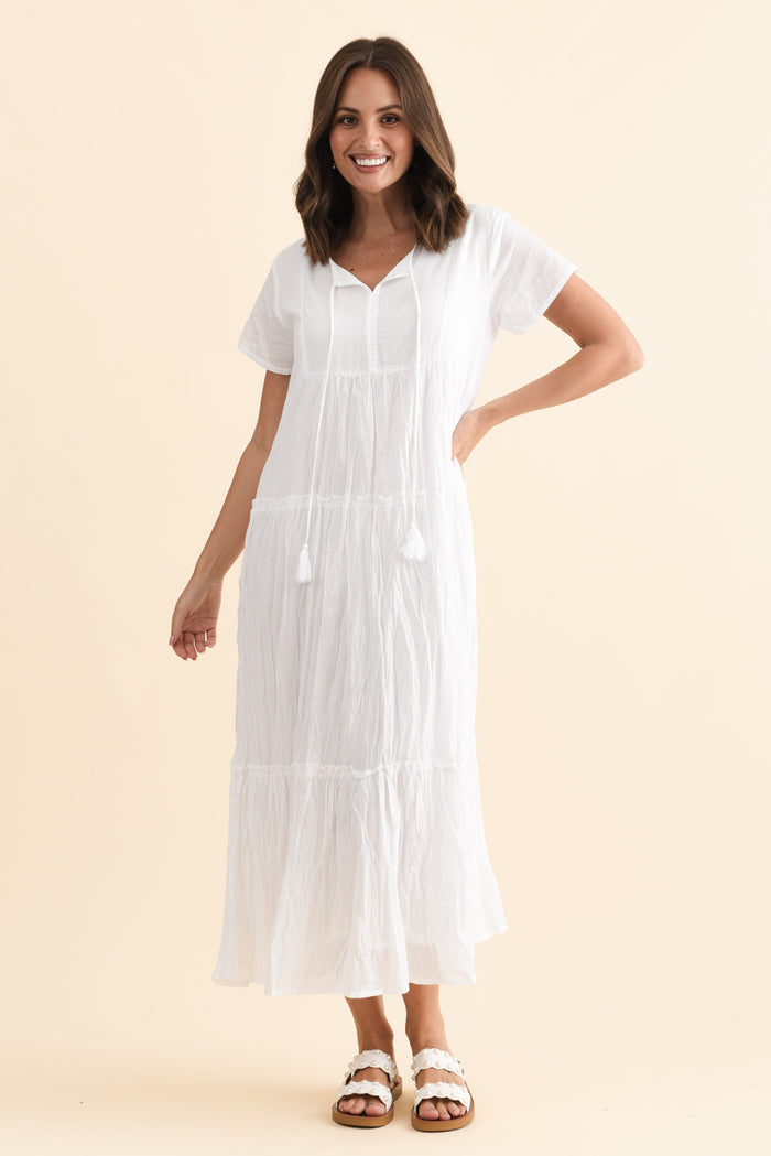 Nona White Crinkle Cotton Maxi Dress,Brunette model,alt text|model:MJ