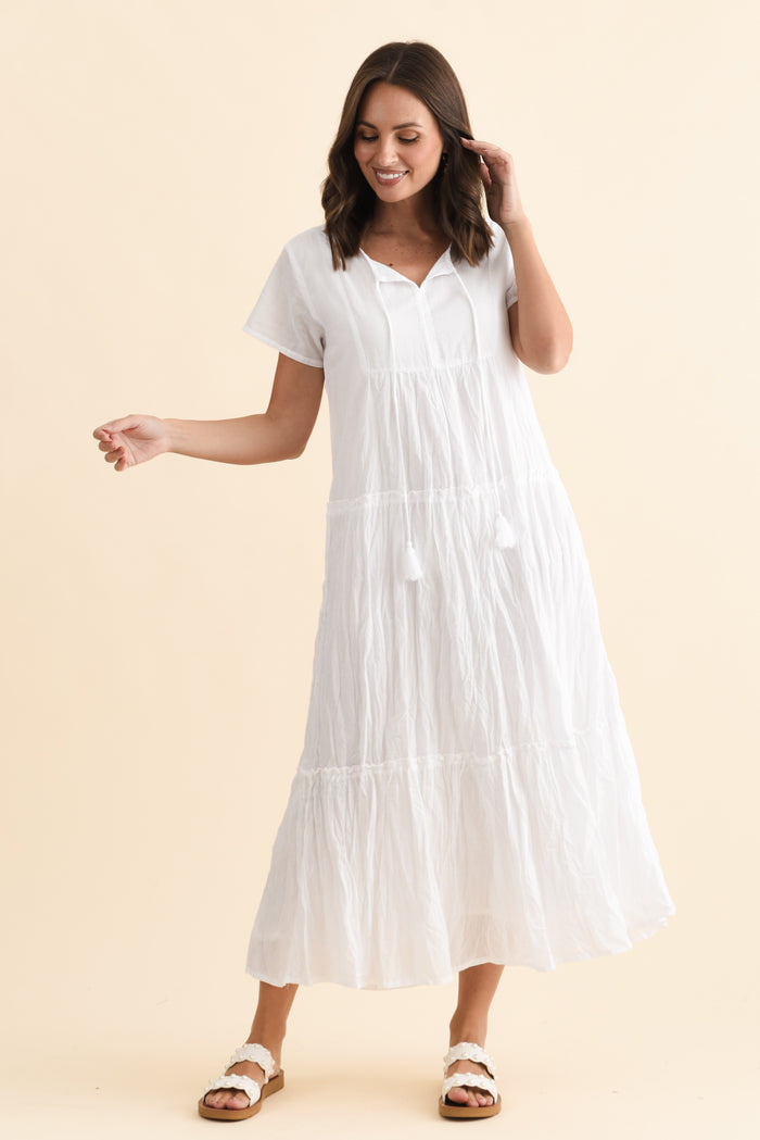 Nona White Crinkle Cotton Maxi Dress,Brunette model,alt text|model:MJ